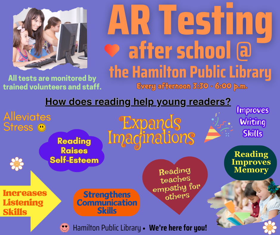 AR Testing after school @ the Hamilton Public Library AR Testing after school at the Hamilton Public Library. Every afternoon 3:30 - 6:00 p.m. All tests are monitored by trained volunteers and staff. How does reading help young readers? Alleviates Stress. Reading Raises Self-Esteem. Expands Imaginations. Improves Writing Skills. Reading Improves Memory. Reading teaches empathy for others. Strengthens Communication Skills. Increases Listening Skills.