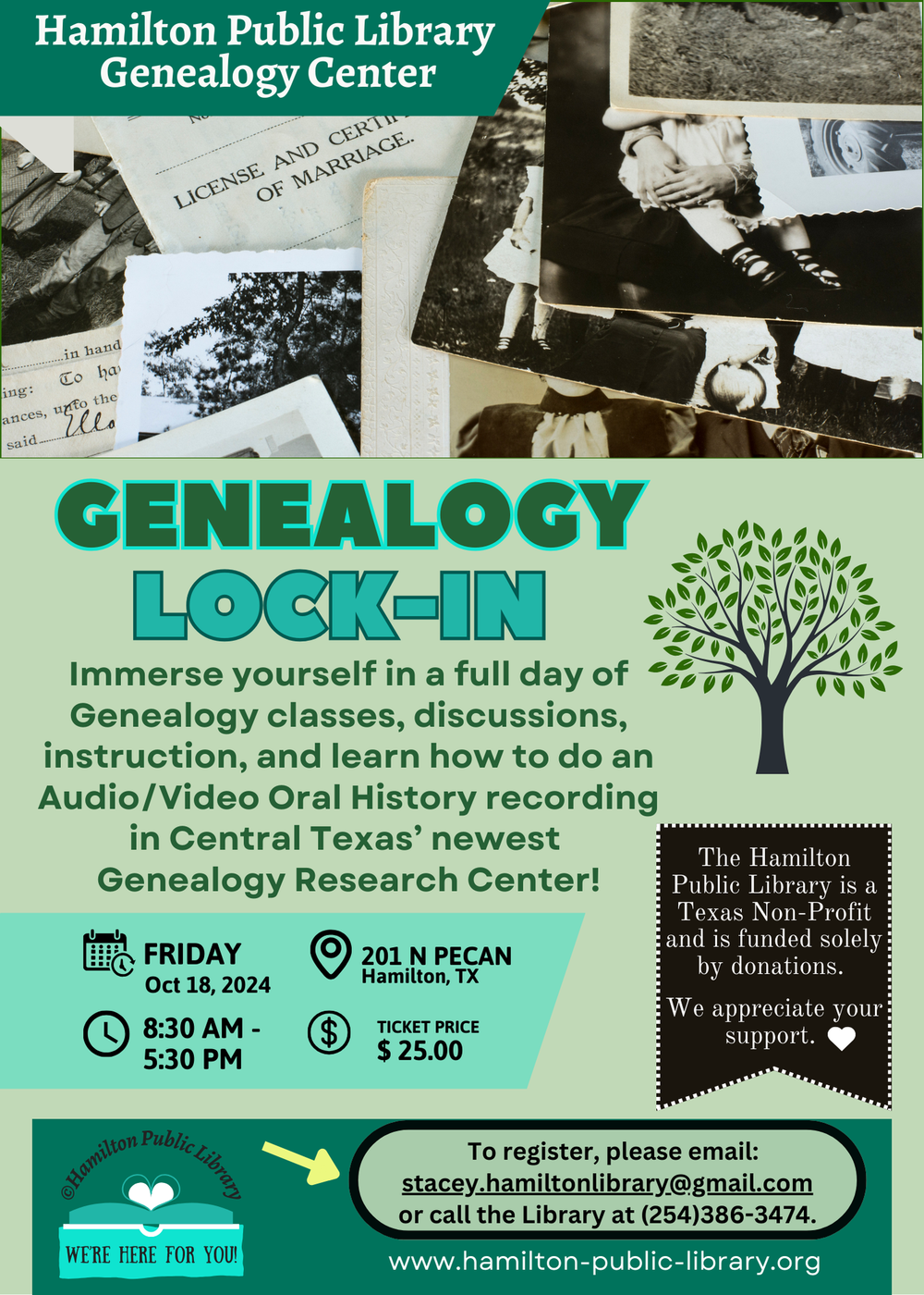 2024 Genealogy Lock-In Immerse yourself in a full day of Genealogy classes, discussions, instruction, and learn how to do an Audio/Video Oral History recording in Central Texas' newest Genealogy Research Center. Friday, October 18 from 8:30 am to 5:30 pm. $25 registration fee.