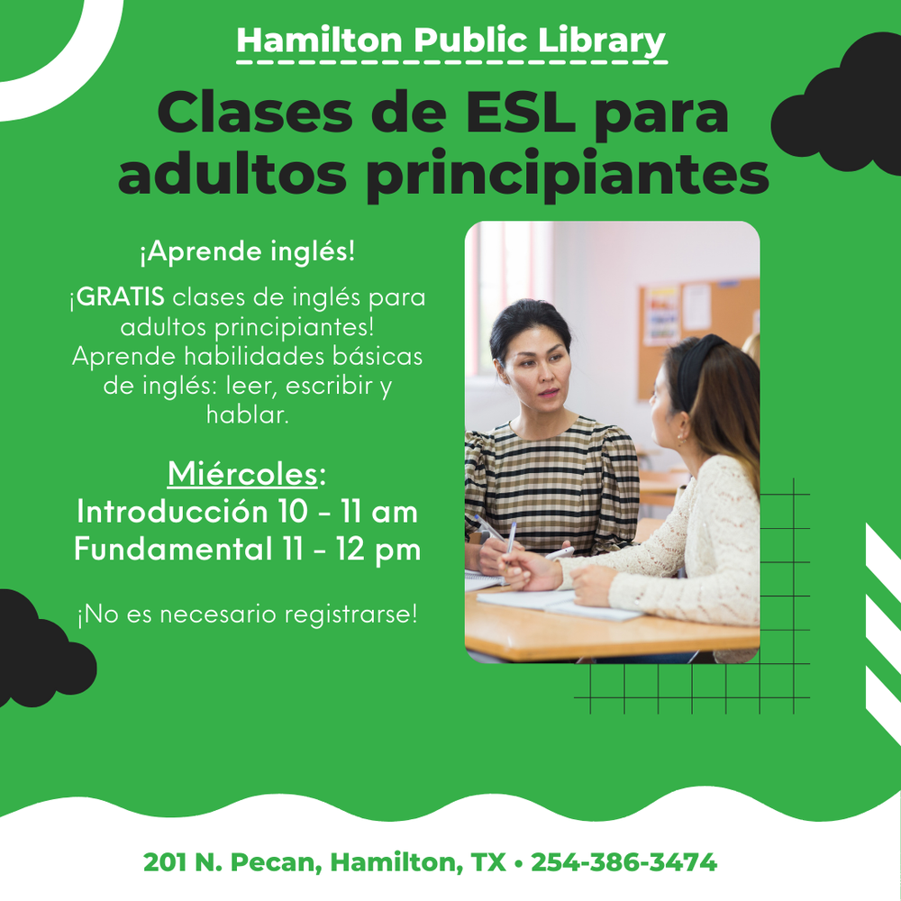 Clases de ESL para adultos principiantes. ¡Aprende inglés!  ¡GRATIS clases de inglés para adultos principiantes! Aprende habilidades básicas de inglés: leer, escribir y hablar.   Miércoles: Introducción 10 - 11 am Fundamental 11 - 12 pm   ¡No es necesario registrarse!