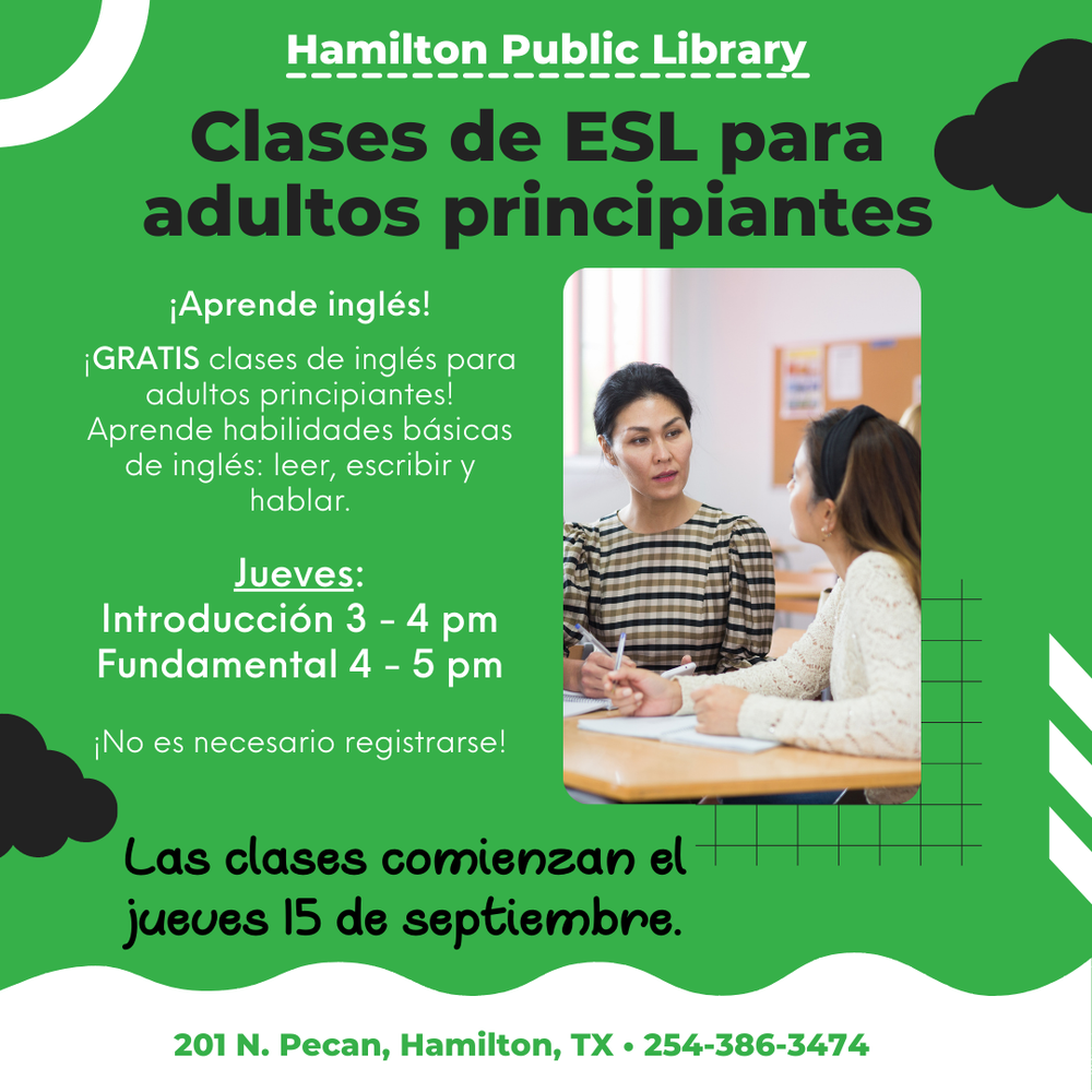 Clases de ESL para adultos principiantes. ¡Aprende inglés!  ¡GRATIS clases de inglés para adultos principiantes! Aprende habilidades básicas de inglés: leer, escribir y hablar.   Jueves: Introducción 3 - 4 pm Fundamental 4 - 5 pm   ¡No es necesario registrarse! Las clases comienzan el jueves 15 de septiembre.