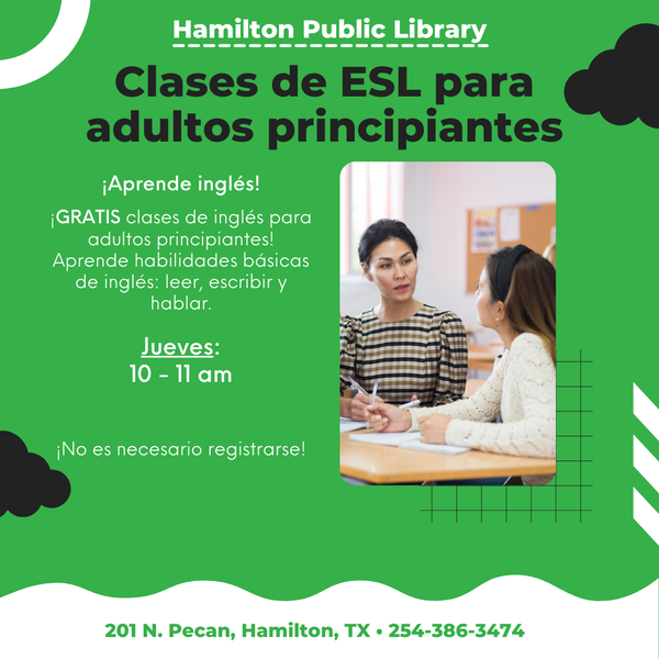 Clases de ESL para adultos principiantes. ¡Aprende inglés!  ¡GRATIS clases de inglés para adultos principiantes! Aprende habilidades básicas de inglés: leer, escribir y hablar.   Jueves: 10 - 11 am ¡No es necesario registrarse!