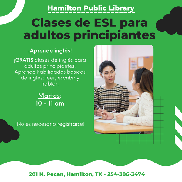 Clases de ESL para adultos principiantes. ¡Aprende inglés!  ¡GRATIS clases de inglés para adultos principiantes! Aprende habilidades básicas de inglés: leer, escribir y hablar.   Martes: 10 - 11 am ¡No es necesario registrarse!