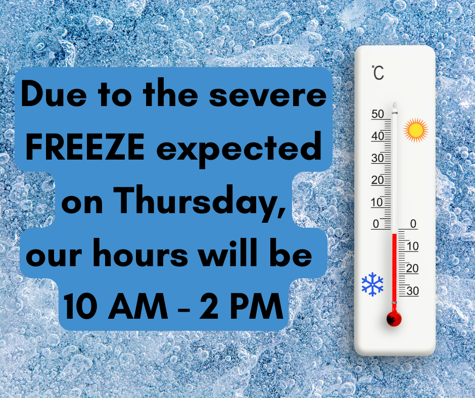 Due to the severe FREEZE expected on Thursday,  our Hours will be 10 AM - 2 PM