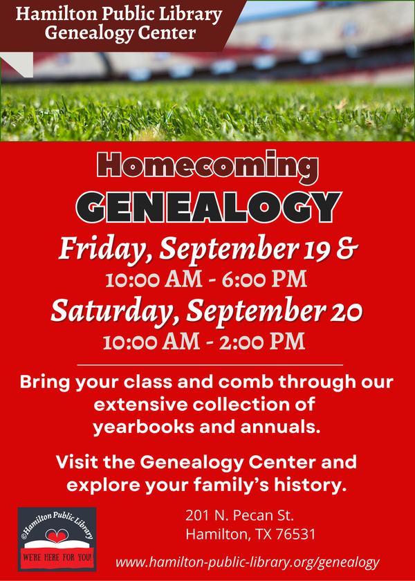 Homecoming Genealogy. Friday, September 19 (10 AM - 6 PM) & Saturday, September 20 (10 AM - 2 PM). Bring your class and comb through our extensive collection of yearbooks and annuals. Visit the Genealogy Center and explore your family's history.
