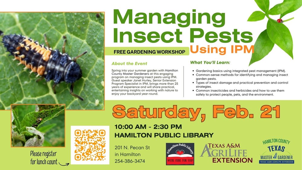 Managing Insect Pests Managing Insect Pets Using IPM: Free Gardening Workshop. Saturday, Feb. 21. 10 AM - 2:30 PM. Hamilton Public Library. Texas A&M AgriLife Extension. Hamilton County Texas Master Gardeners.