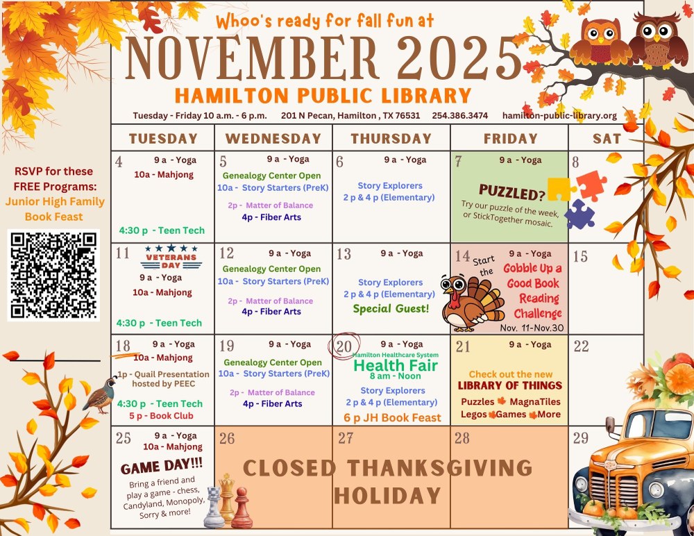 Whoo's ready for fall fun at Hamilton Public Library in November?