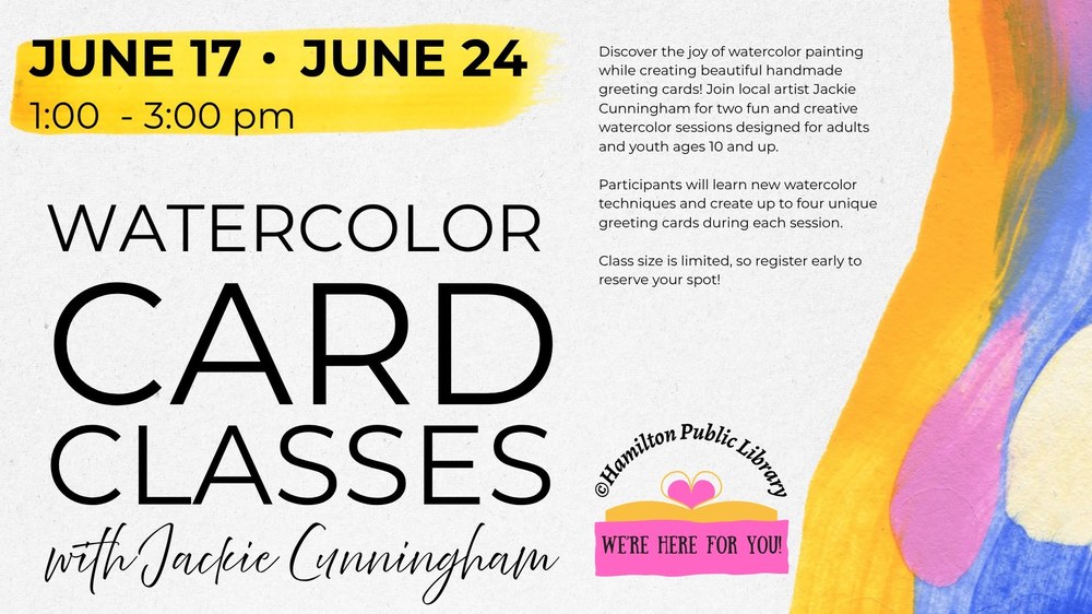 Discover the joy of watercolor painting while creating beautiful handmade cards! Join local artist Jackie Cunningham for two fun and creative watercolor sessions designed for adults and youth ages 10 and up. Dates: June 17 & 24 Time: 1:00–3:00 p.m. Cost: $5 per session Ages: 10 and up Participants will learn new watercolor techniques and create up to four unique cards during each session. Whether you're a beginner or have some painting experience, this class offers a relaxing opportunity to explore your creativity. Class size is limited, so register early to reserve your spot